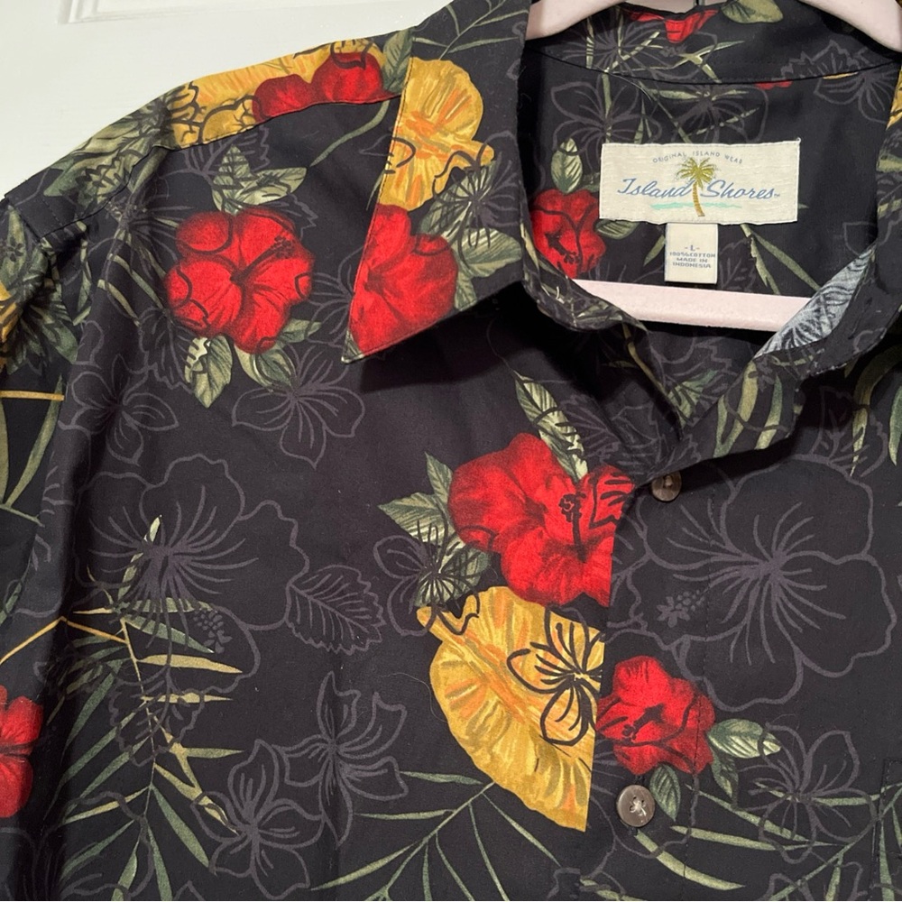 Hawaiian Shirt 🌺 Tropical Floral Men's L Hibiscus Cotton Red